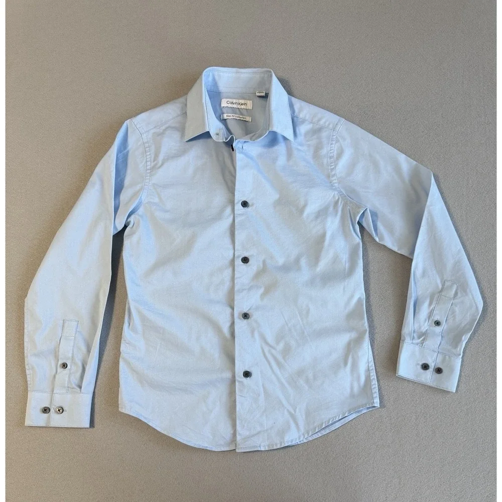 Calvin Klein Boys Dress Shirt s10 BabyBlue Slim Fit Stretch Long Sleeve Button